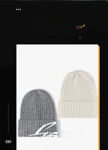 Macro detail of thick vertical knit texture on winter beanie hats in grey and beige