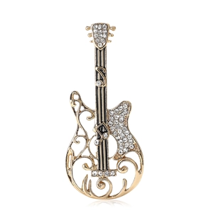 Elegant gold-tone electric guitar brooch with sparkling crystals and hollow-out floral pattern