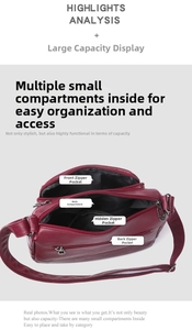 Macro view of burgundy pebble leather handbag showing multiple storage compartments