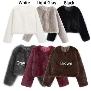 Women Faux Fur Short Cropped Jacket Round Neck Long Sleeve Solid Color Winter Warm Outerwear Elegant Celebrity Style