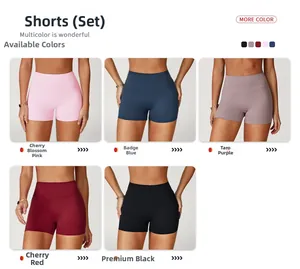 Detailed close-up of high-waist yoga shorts in five vibrant colors with moisture-wicking fabric