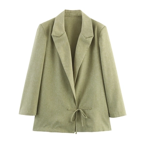 Elegant sage green notched lapel blazer suit with waist tie closure for women