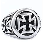 Minimalist silver Maltese Cross signet ring in vintage industrial stainless steel style