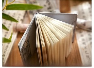 Macro detail of A7 ink painting notebook with premium paper and bamboo decor