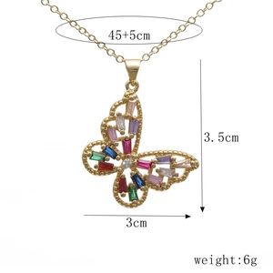 Detailed size parameters of golden hollow butterfly pendant necklace with colored stones