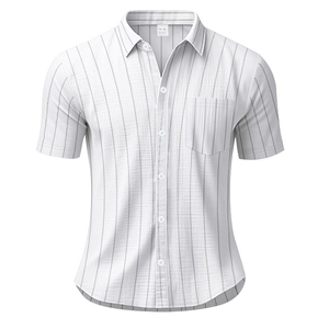 Detail of short sleeve linen cotton striped shirt showing fabric texture and chest pocket