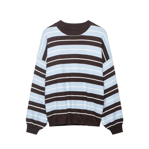 Striped Knit Sweater Round Neck Long Sleeve Drop Shoulder Ribbed Cuffs Casual Pullover Tops For Women