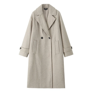 Damenmantel in Wolloptik, zweireihig, Haferflocken-Beige, mit Reverskragen und Taschen