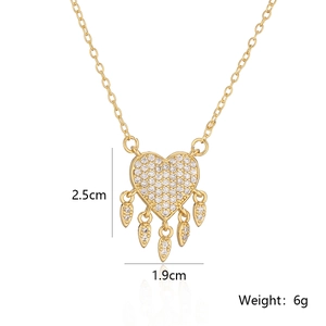 Detail view of heart pendant with zircon stones and water drop charms showing 2.5cm height