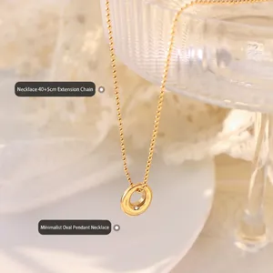Minimalist 18K gold plated bead chain necklace with oval pendant, 40+5cm length