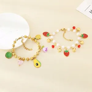 Stainless Steel Beaded Charm Bracelet With Faux Artificial Pearl Enamel Fruit Strawberry Avocado Watermelon Charms Sweet Pastoral Style