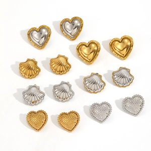 Polished 18k gold and silver plated stainless steel heart and shell stud earrings set