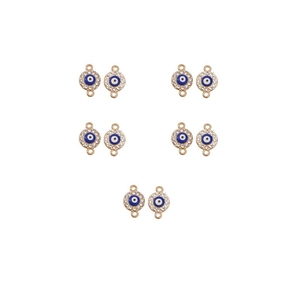Detailed view of 10 gold evil eye alloy charms with blue enamel and sparkling rhinestones