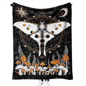 Detail of 3D printed flannel blanket with moth and moon design and plush texture