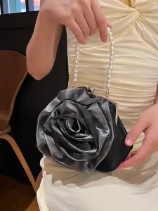 Elegant 3D rose bridal evening handbag with pearl chain handle and gradient fabric petals