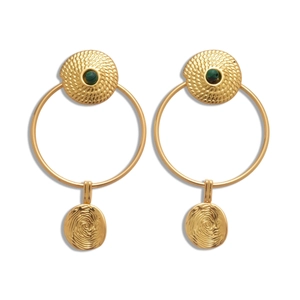 24K gold plated circular stud earrings with green malachite and wrinkled texture pendants