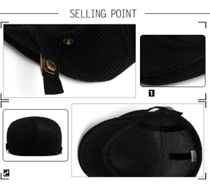 Detail of black mesh beret showing breathable fabric and bronze adjustable buckle