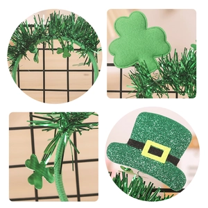 Detail of St. Patrick's Day headband with green sequins, felt shamrock, and mini hat decoration