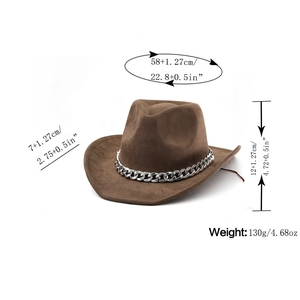 Detailed size chart of brown suede cowboy hat featuring dimensions and metal chain link
