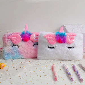 Detailed view of unicorn plush bag with pink sequins horn and embroidery eyelashes