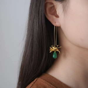 S925 silver Lycoris flower earrings with green chalcedony drop beads for women