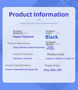 Detailed specifications of black wooden hand-crank music box with happy birthday engraving