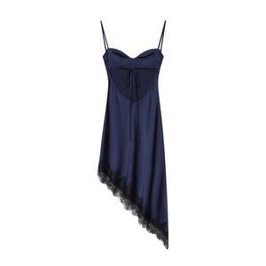 Elegant navy satin slip dress with lace trim and open back design on white background