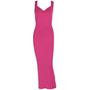 Elegant hot pink cowl neck backless maxi dress with a slim fit and sleeveless design