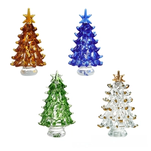 Set of four colorful glass Christmas tree ornaments with star tops and gold details