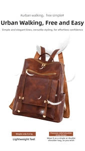 Mochila ligera de cuero PU marrón de 0,6 kg con correas de descompresión ergonómicas