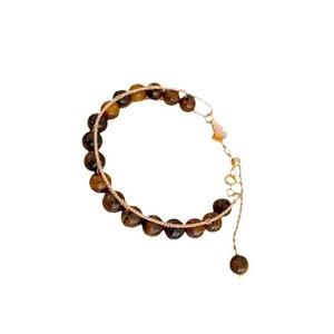 Retro tiger eye stone beaded bracelet with white crystal and gold metal chain
