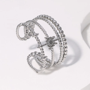 Minimalist silver stainless steel multi-layer beaded ring with sun charm decoration