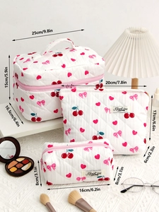 Three-piece quilted cotton cosmetic bag set with cherry butterfly heart patterns