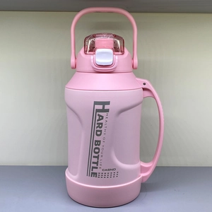 Pink large-capacity sports water bottle with handle and push-button straw lid