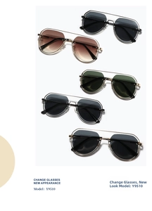 Macro view showing a collection of multi-color metal frame aviator sunglasses in detail