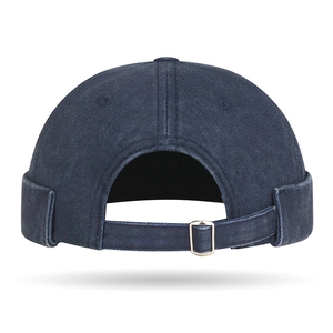 Navy blue washed cotton docker hat with adjustable metal buckle and crown embroidery