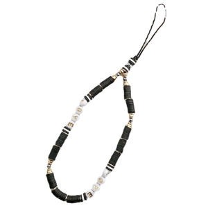 Handmade black and white beaded phone charm with golden LOVE letters and cord