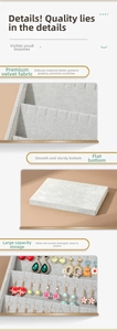 Detail view of grey velvet earring display organizer with soft scratch-resistant texture