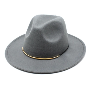 Detail view of grey wool fedora hat featuring a stylish black band with gold metal accent
