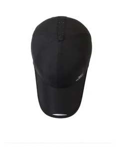 Top view of black quick-dry baseball cap with side logo and breathable eyelets