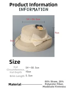 Size chart for Hepburn style straw sun hat with detailed measurements and material specs
