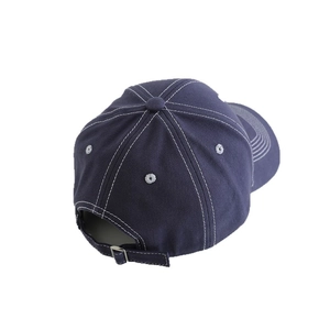 Navy blue kids cotton baseball cap featuring contrast white stitching and adjustable strap