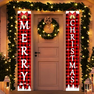 Christmas door banners with red and black buffalo plaid and Santa sleigh design