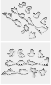 Set of 12 stainless steel dinosaur and plant shaped cookie cutters on a white background