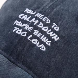 Close-up of navy suede baseball cap showing white slogan embroidery and soft texture