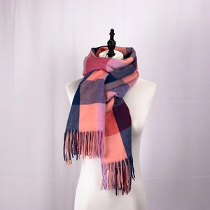 Detail of pink and purple plaid scarf with long tassels on a white mannequin