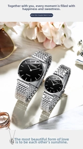 Detail of CHENXI ultra-thin quartz couple watch set with black dials and silver steel bands