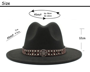 Detail of black wool fedora with leather band, studs and size guide 56-60cm