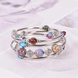 Bohemian multi-layer silver metal wrap bracelet with colorful emperor stones and clovers