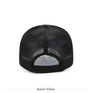 Back view of black breathable mesh baseball cap with adjustable strap for men